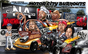 The Meatmen/Tesco Vee/Touch & Go: Motor City Burnouts Dane Vermeulen, the Meatmen in a Weinermobile, Tesco Vee and John Brannon.