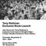 Thurs 11/9, Sonos NYC: Exclusive STRAIGHT EDGE Book Launch w/Tony Rettman